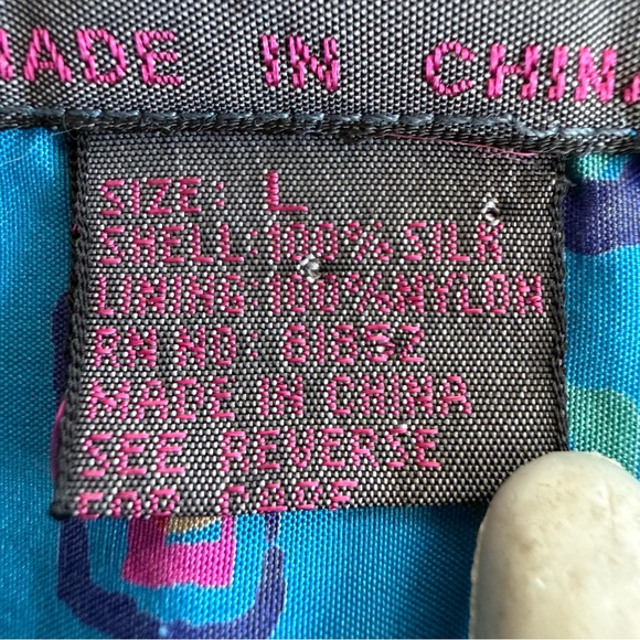 Vintage 80s 90s Blue Silk Multicolor Geometric Abstract S/S Button Down ~ Size L - Picture 9 of 9